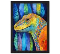 Komodo Dragon Vibrant Folk Art Watercolour Painting Artwork Framed Wall Art Print A4 Artery8 Black One Size