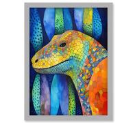 Komodo Dragon Vibrant Folk Art Watercolour Painting Artwork Framed Wall Art Print A4 Artery8 Light Grey One Size