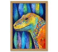 Komodo Dragon Vibrant Folk Art Watercolour Painting Artwork Framed Wall Art Print A4 Artery8 Light Oak One Size