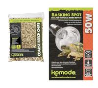 Komodo Reptile Care Bundle - Coarse Beech Chips Substrate 6L + Basking Spot Bulb 50W, Natural Bedding & Adjustable Temperature Heating for Terrariums
