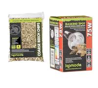 Komodo Reptile Care Bundle - Coarse Beech Chips Substrate 6L + Basking Spot Bulb 75W, Natural Bedding & Adjustable Temperature Heating for Terrariums