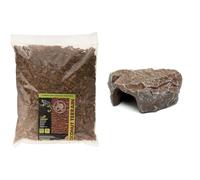 Komodo Reptile Care Bundle - Coconut Terrain Substrate 12L + Large Brown Rock Den, Natural Bedding & Hideout for Terrariums, Vivariums & Aquariums