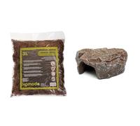 Komodo Reptile Care Bundle - Habitat Moss 3L + Large Brown Rock Den, Natural Moisture Control & Hideout for Terrariums, Vivariums & Aquariums