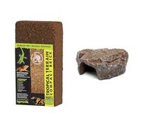 Komodo Reptile Care Bundle - Tropical Terrain Compact Brick Substrate 64g + Large Brown Rock Den, Natural Bedding & Hideout for Terrariums, Vivariums & Aquariums