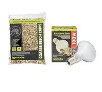 Komodo Reptile Habitat Bundle - Coarse Beech Chips Substrate 6L + Basking Spot Lamp ES 100W, Natural Bedding & Heat/Light for Terrariums (8.5 x 8.5 cm, Packaging May Vary)
