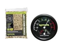 Komodo Reptile Habitat Bundle - Coarse Beech Chips Substrate 6L + Combined Thermometer & Hygrometer, Analog Black (0.04kg), Natural Bedding & Accurate Habitat Monitoring