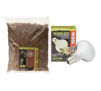 Komodo Reptile Habitat Bundle - Coconut Terrain Substrate 12L (45cm Height) + Basking Spot Lamp ES 100W, Natural Bedding & Heat/Light for Terrariums (8.5 x 8.5 cm, Packaging May Vary)