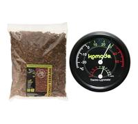 Komodo Reptile Habitat Bundle - Coconut Terrain Substrate 12L (45cm Height) + Combined Thermometer & Hygrometer, Analog Black (0.04kg)