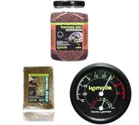 Komodo Tortoise Diet Dandelion 680 g, Straw Terrain 12 L (6.28 kg) & Analog Thermometer Hygrometer - Tortoise Food, Bedding & Climate Control Kit