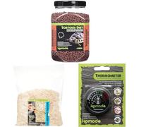 Komodo Tortoise Diet Dandelion 680g + Aspen Bed Terrain 12L + Analog Thermometer | Balanced Food, Natural Substrate & Habitat Temperature Monitoring