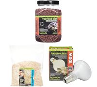 Komodo Tortoise Diet Dandelion 680g + Aspen Bed Terrain 12L + Basking Spot Lamp 100W | Balanced Food, Natural Substrate & Heating for Reptile Habitat