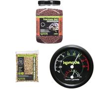 Komodo Tortoise Diet Dandelion 680g + Beech Chips 12L + Analog Thermometer & Hygrometer | Balanced Food, Natural Substrate & Climate Monitoring for Reptile Habitats