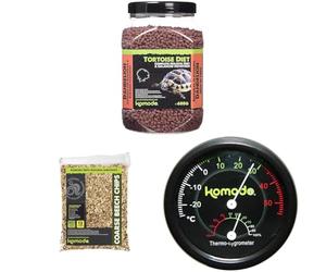 Komodo Tortoise Diet Dandelion 680g + Beech Chips 12L + Analog Thermometer & Hygrometer | Balanced Food, Natural Substrate & Climate Monitoring for Reptile Habitats