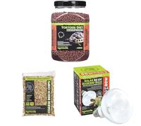 Komodo Tortoise Diet Dandelion 680g + Beech Chips 12L + Solar D3 UV Basking Bulb 80W | Balanced Food, Natural Substrate & Heat & UV Lighting for Reptiles