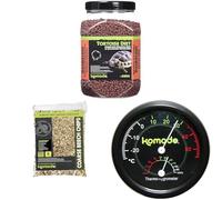 Komodo Tortoise Diet Dandelion 680g + Beech Chips 6L + Analog Thermometer & Hygrometer | Balanced Food, Natural Substrate & Habitat Climate Monitoring