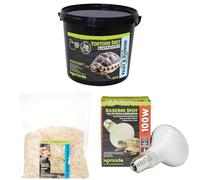 Komodo Tortoise Diet Fruit & Flower 2kg + Aspen Bed Terrain 12L + 100W Basking Spot Lamp ES | Balanced Food, Natural Bedding & Heat Lamp for Reptile Habitat