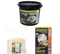 Komodo Tortoise Diet Fruit & Flower 2kg + Aspen Bed Terrain 12L + 50W Adjustable Basking Spot Bulb | Natural Food, Bedding & Day/Night Heat Lamp for Reptile Habitat