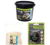 Komodo Tortoise Diet Fruit & Flower 2kg + Aspen Bed Terrain 12L + Analog Thermometer | Balanced Food, Natural Bedding & Habitat Temperature Monitor