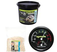 Komodo Tortoise Diet Fruit & Flower 2kg + Aspen Bed Terrain 12L + Analog Thermometer & Hygrometer | Balanced Food, Natural Substrate & Climate Monitoring
