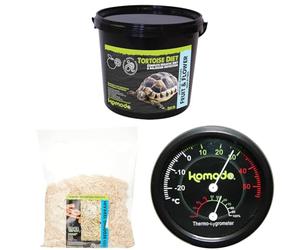 Komodo Tortoise Diet Fruit & Flower 2kg + Aspen Bed Terrain 12L + Analog Thermometer & Hygrometer | Balanced Food, Natural Substrate & Climate Monitoring