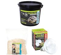 Komodo Tortoise Diet Fruit & Flower 2kg + Aspen Bed Terrain 12L + Solar D3 UV Basking Bulb 80W | Balanced Food, Natural Substrate & UV Heat Lamp