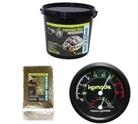 Komodo Tortoise Diet Fruit & Flower 2kg + Straw Terrain 12L + Analog Thermometer & Hygrometer | Balanced Food, Natural Substrate & Climate Control