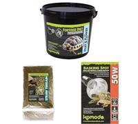 Komodo Tortoise Diet Fruit & Flower 2kg + Straw Terrain 12L + Basking Spot Bulb 50W | Balanced Food, Natural Substrate & Adjustable Heating