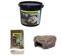 Komodo Tortoise Diet Fruit & Flower 2kg + Straw Terrain 12L + Brown Rock Den Large | Complete Nutrition, Natural Bedding & Safe Hideout for Tortoises & Reptiles