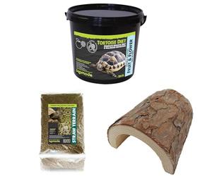 Komodo Tortoise Diet Fruit & Flower 2kg + Straw Terrain 12L + Wooden Hide Large | Complete Nutrition, Natural Bedding & Safe Shelter for Tortoises & Reptiles