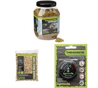 Komodo Tortoise Diet Fruit & Flower 680 g, Beech Chips Substrate 12 L (2.2 kg) & Analog Thermometer - Tortoise Food, Bedding & Temperature Control Kit