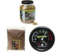 Komodo Tortoise Diet Fruit & Flower 680 g, Coconut Terrain 12 L & Analog Thermometer Hygrometer - Tortoise Food, Substrate & Climate Control Kit