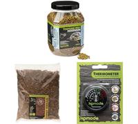 Komodo Tortoise Diet Fruit & Flower 680 g, Coconut Terrain 12 L & Analog Thermometer - Tortoise Food, Substrate & Temperature Control Kit