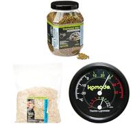 Komodo Tortoise Diet Fruit & Flower 680g + Aspen Bed Terrain 12L + Analog Thermometer & Hygrometer | Balanced Food, Natural Bedding & Habitat Climate Monitor