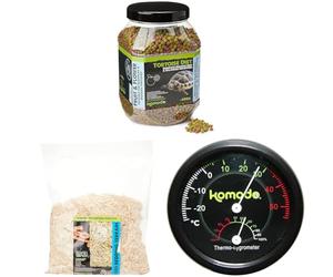 Komodo Tortoise Diet Fruit & Flower 680g + Aspen Bed Terrain 12L + Analog Thermometer & Hygrometer | Balanced Food, Natural Bedding & Habitat Climate Monitor