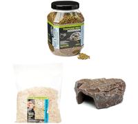 Komodo Tortoise Diet Fruit & Flower 680g + Aspen Bed Terrain 12L + Brown Rock Den Large | Balanced Nutrition, Natural Bedding & Safe Hideout for Tortoises & Reptiles