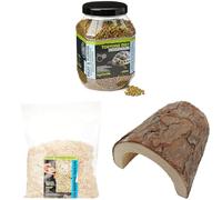 Komodo Tortoise Diet Fruit & Flower 680g + Aspen Bed Terrain 12L + Large Wooden Hide | Balanced Nutrition, Natural Bedding & Safe Shelter for Tortoises & Reptiles