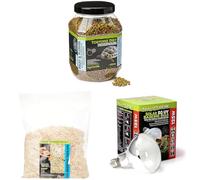 Komodo Tortoise Diet Fruit & Flower 680g + Aspen Bed Terrain 12L + Solar D3 UV Basking Bulb 125W | Balanced Food, Natural Bedding & UV Lighting for Reptile Habitats