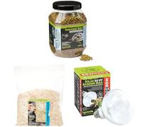 Komodo Tortoise Diet Fruit & Flower 680g + Aspen Bed Terrain 12L + Solar D3 UV Basking Bulb 80W | Balanced Food, Natural Bedding & UV Lighting for Reptile Habitats
