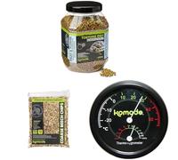 Komodo Tortoise Diet Fruit & Flower 680g + Beech Chips 12L + Analog Thermometer & Hygrometer | Balanced Food, Natural Substrate & Reptile Habitat Monitoring