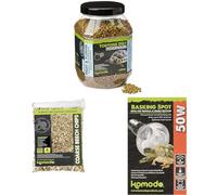 Komodo Tortoise Diet Fruit & Flower 680g + Beech Chips 6L + Adjustable 50W Basking Bulb | Balanced Food, Natural Substrate & Day/Night Heating for Reptile Habitat