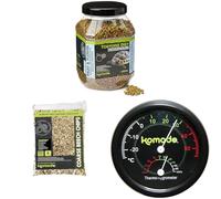 Komodo Tortoise Diet Fruit & Flower 680g + Beech Chips 6L + Thermometer & Hygrometer | Balanced Food, Natural Substrate & Analog Climate Monitoring
