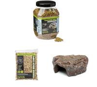 Komodo Tortoise Diet Fruit & Flower 680g + Coarse Beech Chips 12L + Brown Rock Den Large | Balanced Nutrition, Durable Bedding & Safe Hideout for Tortoises & Reptiles