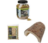 Komodo Tortoise Diet Fruit & Flower 680g + Coarse Beech Chips 12L + Large Wooden Hide | Balanced Nutrition, Durable Bedding & Safe Shelter for Tortoises & Reptiles