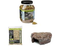 Komodo Tortoise Diet Fruit & Flower 680g + Coarse Beech Chips 6L + Brown Rock Den Large | Balanced Nutrition, Durable Bedding & Safe Hideout for Tortoises & Reptiles
