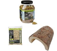 Komodo Tortoise Diet Fruit & Flower 680g + Coarse Beech Chips 6L + Large Wooden Hide | Balanced Nutrition, Durable Bedding & Safe Shelter for Tortoises & Reptiles