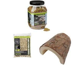 Komodo Tortoise Diet Fruit & Flower 680g + Coarse Beech Chips 6L + Large Wooden Hide | Balanced Nutrition, Durable Bedding & Safe Shelter for Tortoises & Reptiles