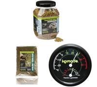 Komodo Tortoise Diet Fruit & Flower 680g + Straw Terrain 12L + Analog Thermometer & Hygrometer | Balanced Food, Natural Bedding & Habitat Monitoring