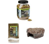 Komodo Tortoise Diet Fruit & Flower 680g + Straw Terrain 12L + Brown Rock Den Large | Balanced Food, Natural Bedding & Safe Hideout Bundle for Tortoises and Reptile Habitats