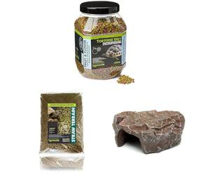 Komodo Tortoise Diet Fruit & Flower 680g + Straw Terrain 12L + Brown Rock Den Large | Balanced Food, Natural Bedding & Safe Hideout Bundle for Tortoises and Reptile Habitats
