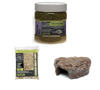 Komodo Tortoise Diet Salad Mix 680g + Coarse Beech Chips 6L + Brown Rock Den Large | Balanced Nutrition, Durable Bedding & Safe Hideout for Tortoises & Reptiles